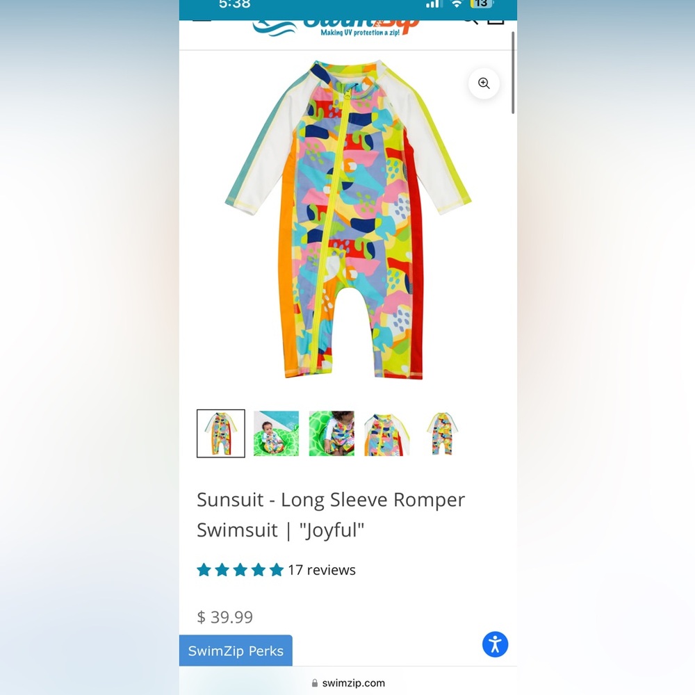 EUC Swimzip Sunsuit, Long Sleeve Romper Swimsuit “joyful”